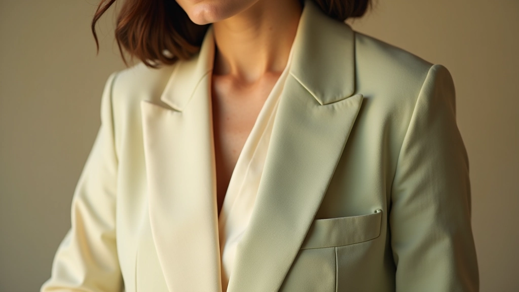 Close-up detail shot showing colour harmony in tailored blazer, capturing texture and fabric quality with warm neutral tones