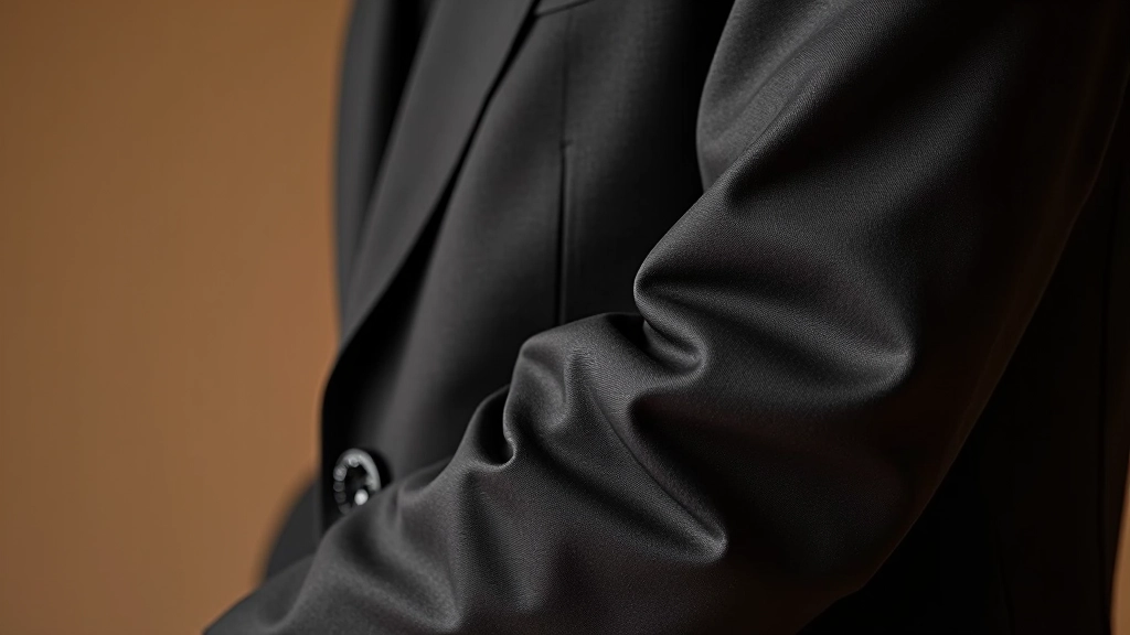 Close-up detail shot of tailored jacket sleeve showing seam placement, fabric texture, and button positioning against soft background