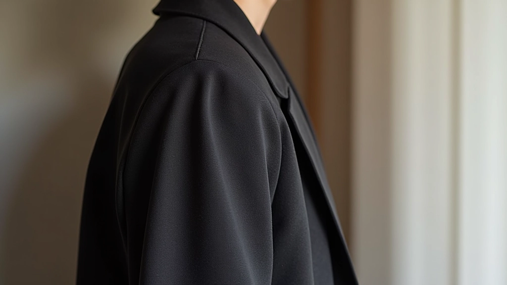 Close-up detail of tailored garment showing seam alignment, sleeve cap placement, and how fabric sits on body structure
