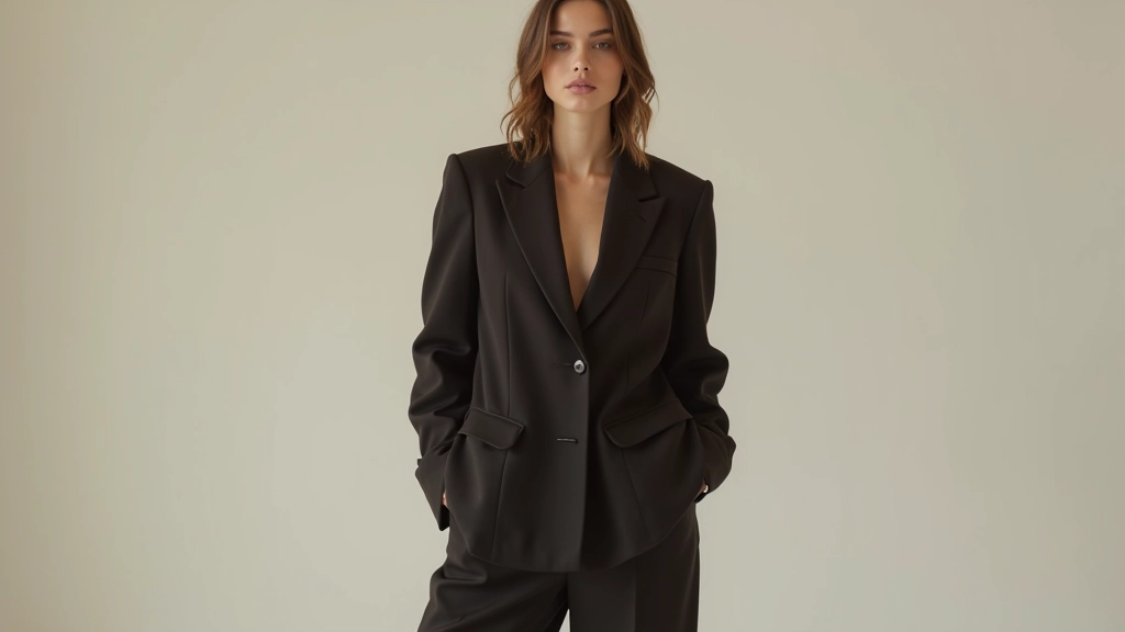 Fashion editorial spread showing dramatic styling with bold proportions, luxe fabrics, and professional model in high-end designer outfit on minimalist set