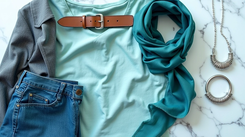 Styled flat-lay of cool-toned accessories: silver jewelry, emerald scarf, grey leather bag, jewel-tone fabrics arranged with cool neutrals