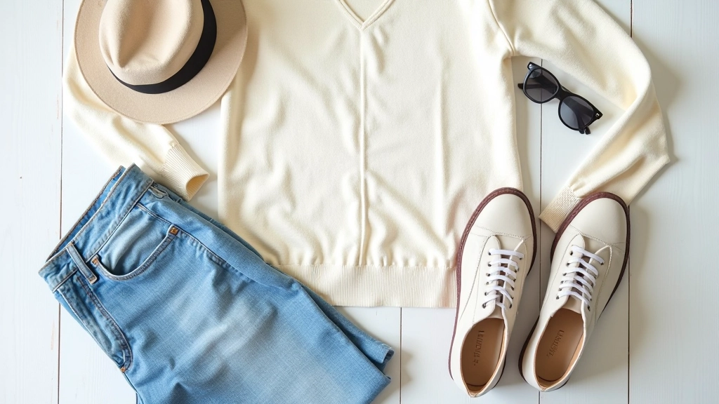 Overhead flat lay of casual everyday outfit showing neutral tones, simple silhouettes, and quality basics mixed with one statement piece
