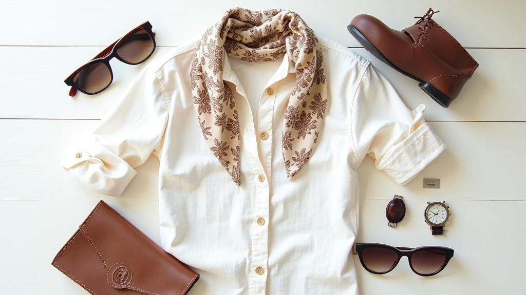 Overhead flat-lay of styled outfit pieces: patterned scarf, vintage watch, leather belt, and white shirt arranged on wooden surface