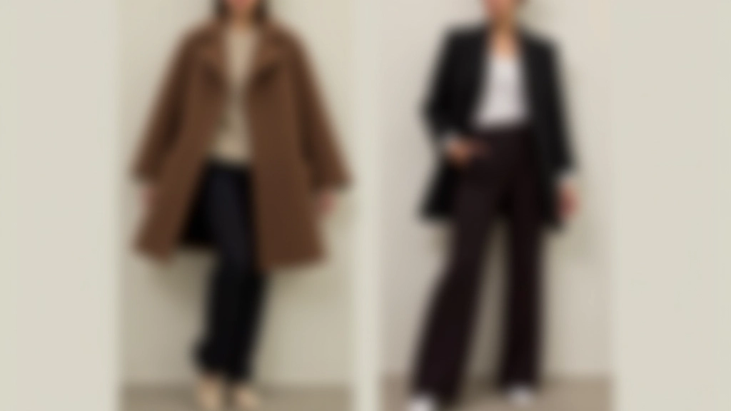 Flat lay overhead shot showing two silhouettes side by side: oversized blazer with fitted trousers versus same blazer with wide-leg pants, demonstrating proportion variations