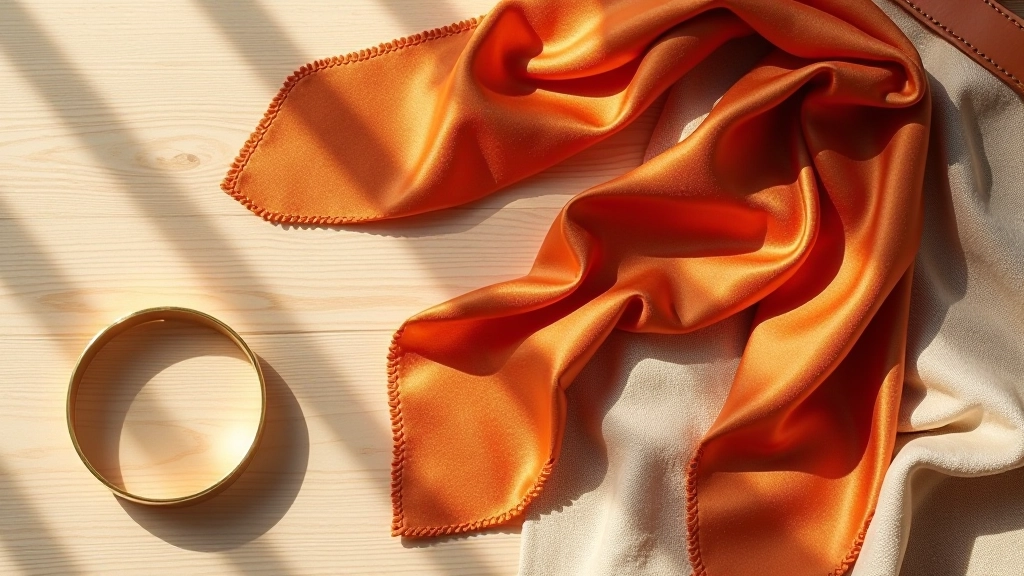 Styled flat-lay of warm-toned accessories: gold jewelry, terracotta scarf, rust-colored leather bag, arranged with warm-toned fabrics