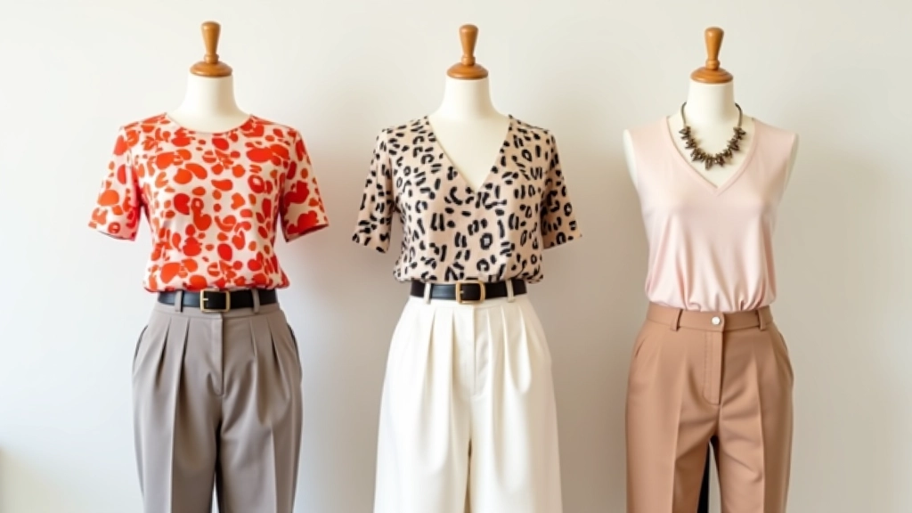 Three outfit examples: first with patterned top and simple bottoms, second with statement belt and neutral clothing, third with focal point jewelry on upper body