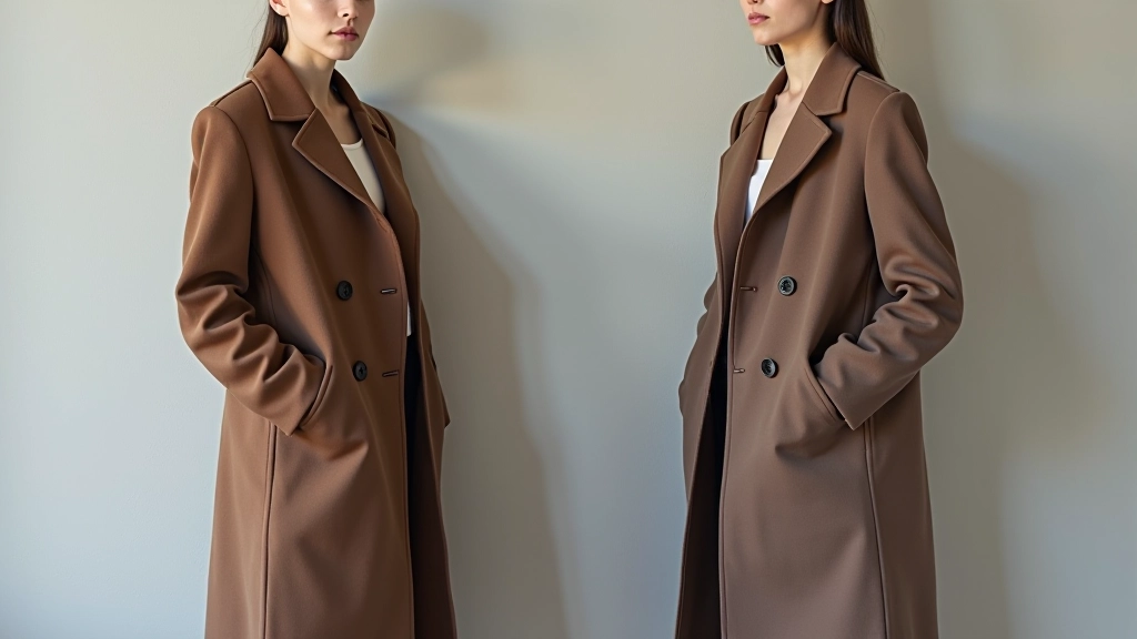 Side-by-side comparison: luxury designer coat on left, similar high-street alternative on right, both draped over neutral background