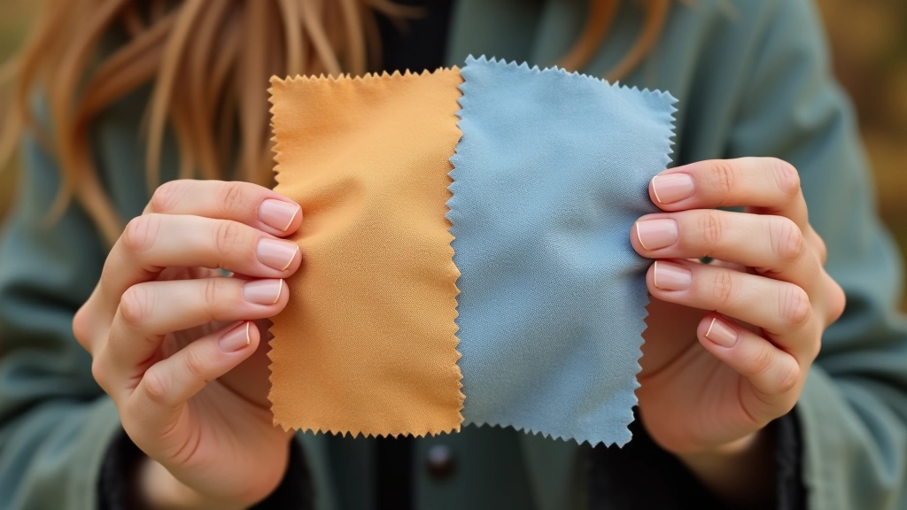 Close-up of warm-toned and cool-toned fabric swatches held against natural skin tone in daylight