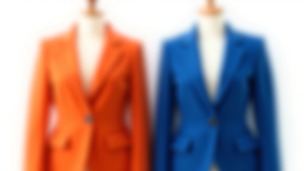 Side-by-side comparison: same style of jacket in warm terracotta tone and cool sapphire blue tone photographed on dress form