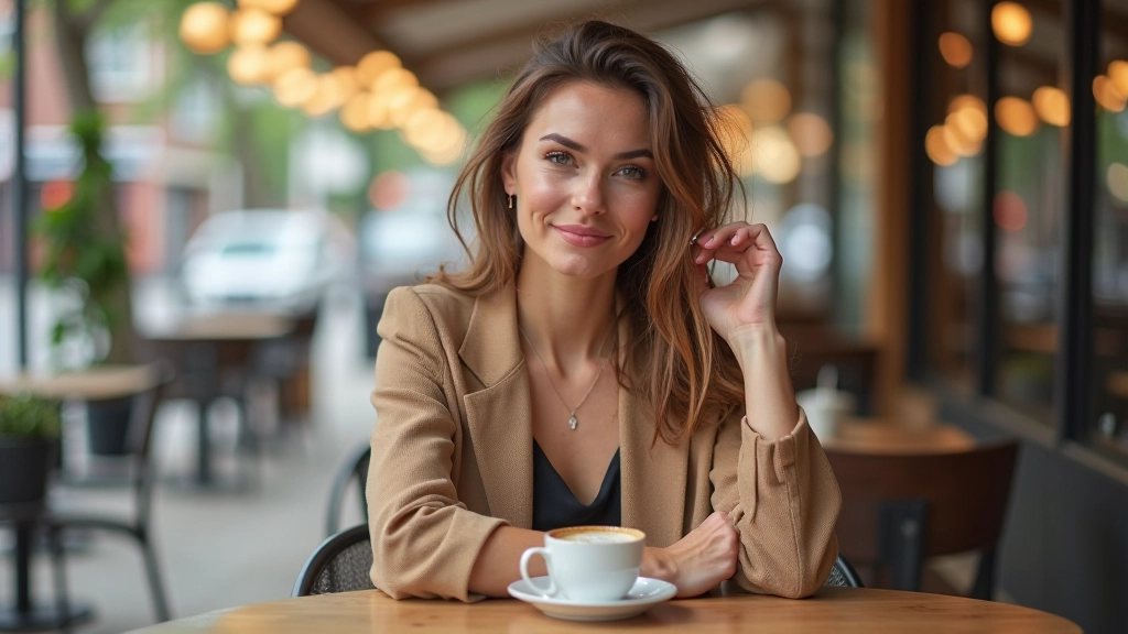 Styled everyday outfit on model in real-world setting like coffee shop, showing how editorial principles translate to authentic daily wear