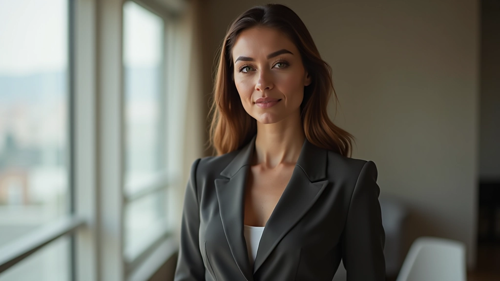 Woman wearing tailored blazer with proportional styling, standing in modern minimalist interior, demonstrating how editorial proportions adapt to everyday wear
